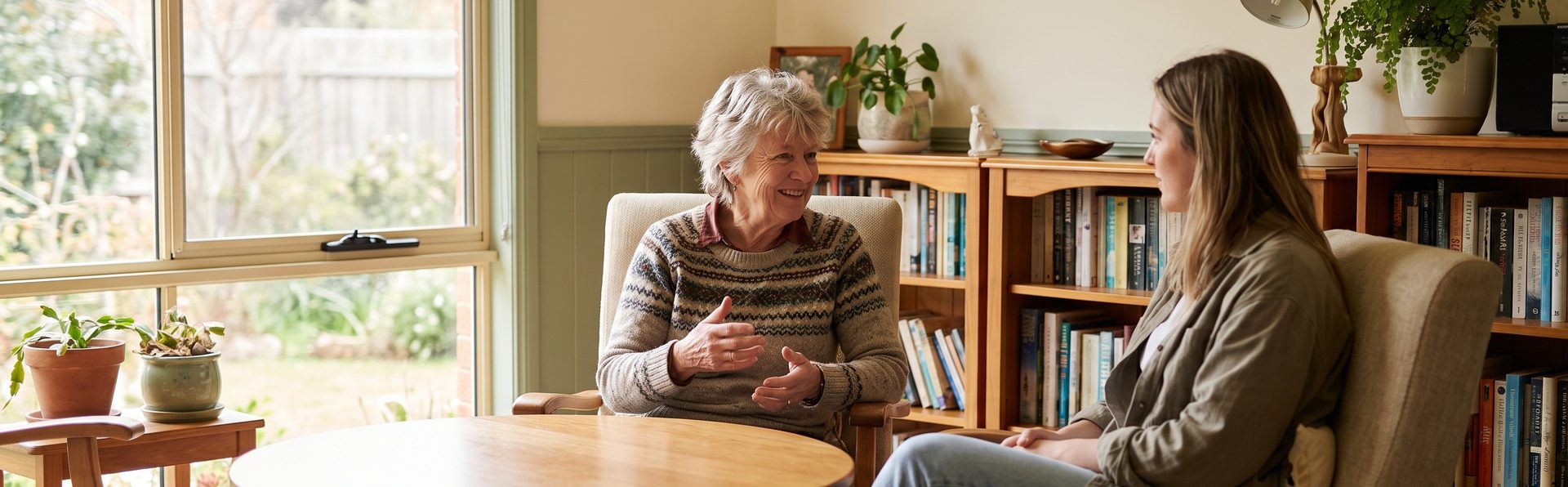 An older woman talking with her doctor in a bright, welcoming consulting room.